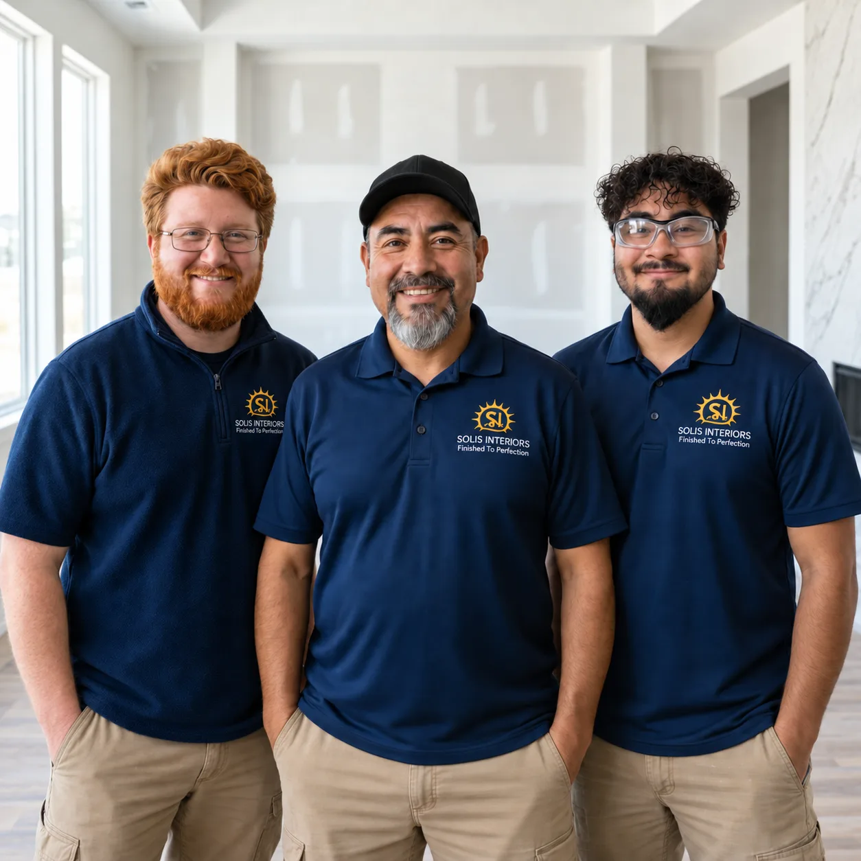 The three Solis Interiors craftsmen in branded polos inside a finished interior